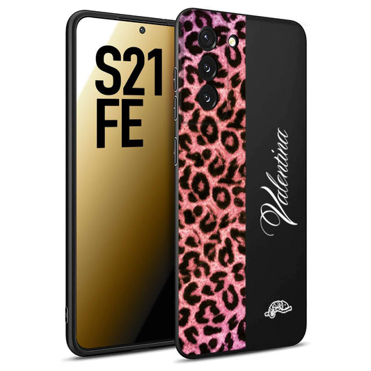 CUSTOMIZZA - Custodia cover nera morbida in tpu compatibile per Samsung S21 FE leopardato rosa fucsia personalizzata nome iniziali