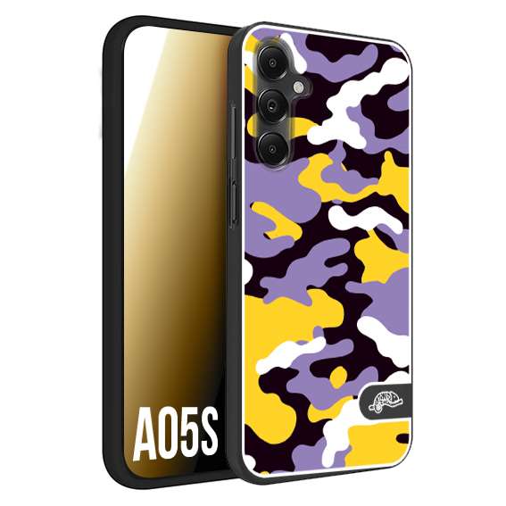 CUSTOMIZZA - Custodia cover nera morbida in tpu compatibile per Samsung A05S camouflage mimetico militare viola lilla giallo