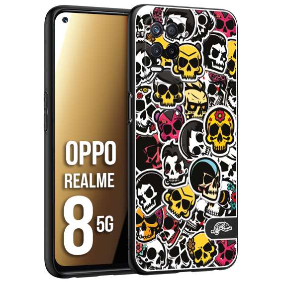 CUSTOMIZZA - Custodia cover nera morbida in tpu compatibile per Oppo Realme 8 5G sticker bomb teschi colorati adesivi skulls skater snowboard