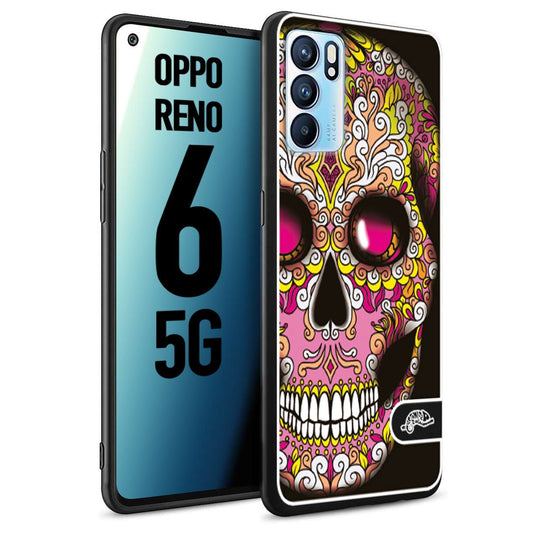 CUSTOMIZZA - Custodia cover nera morbida in tpu compatibile per Oppo Reno 6 5G teschio messicano Mexican skull rosa gialla