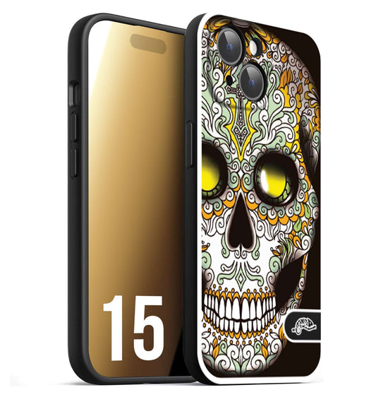 CUSTOMIZZA - Custodia cover nera morbida in tpu compatibile per iPhone 15 teschio messicano Mexican skull bianco verde giallo