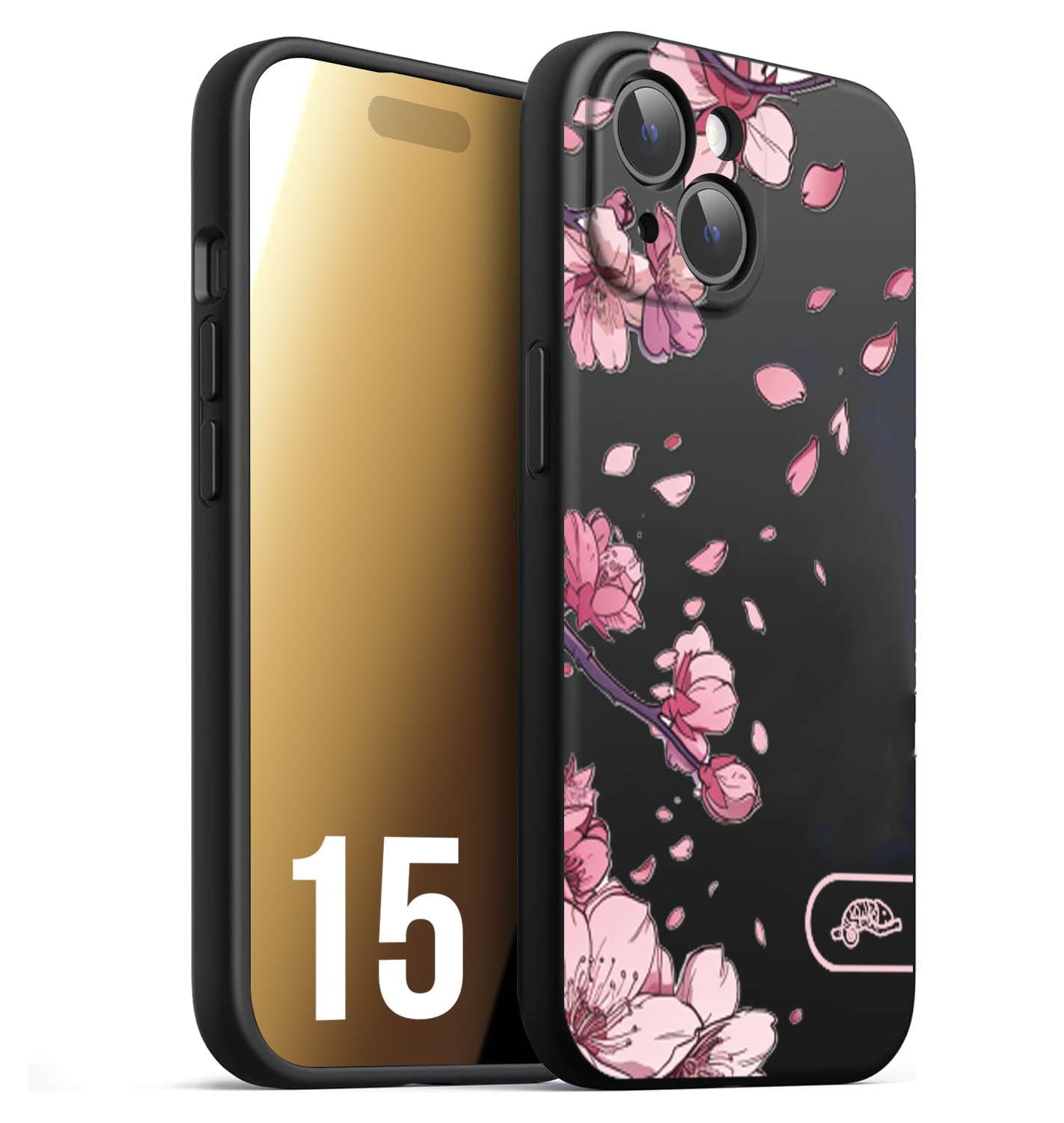 CUSTOMIZZA - Custodia cover nera morbida in tpu compatibile per iPhone 15 giapponese fiori di ciliegio in fiore a rilievo disegnata tattoo