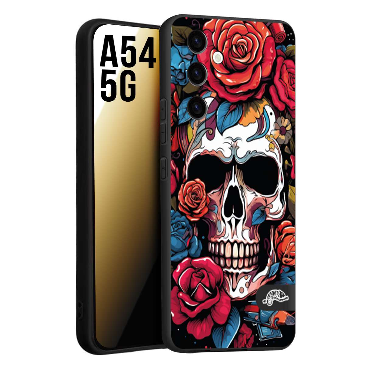 CUSTOMIZZA - Custodia cover nera morbida in tpu compatibile per Samsung A54 5G teschio skull flowers fiori rose rosse tattoo disegnato