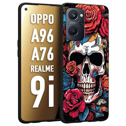 CUSTOMIZZA - Custodia cover nera morbida in tpu compatibile per Oppo Realme 9i - A96 - A76 teschio skull flowers fiori rose rosse tattoo disegnato