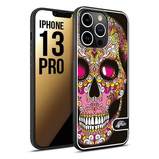 CUSTOMIZZA - Custodia cover nera morbida in tpu compatibile per iPhone 13 PRO teschio messicano Mexican skull rosa gialla