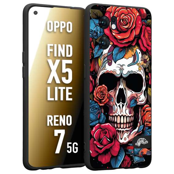 CUSTOMIZZA - Custodia cover nera morbida in tpu compatibile per Oppo Reno 7 - Find X5 LITE teschio skull flowers fiori rose rosse tattoo disegnato