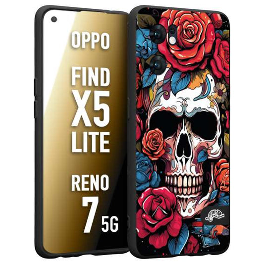CUSTOMIZZA - Custodia cover nera morbida in tpu compatibile per Oppo Reno 7 - Find X5 LITE teschio skull flowers fiori rose rosse tattoo disegnato