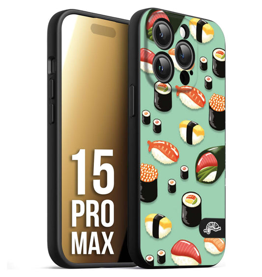 CUSTOMIZZA - Custodia cover nera morbida in tpu compatibile per iPhone 15 PRO MAX sushi disegni giapponese nighiri acquamarina verde