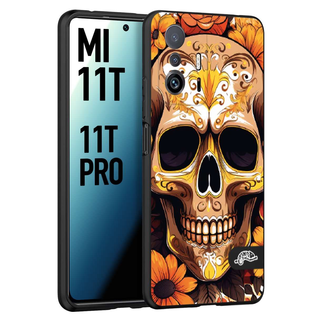 CUSTOMIZZA - Custodia cover nera morbida in tpu compatibile per Xiaomi Mi 11T - Mi 11T PRO teschio messicano colorato dorato fiori tattoo disegnato