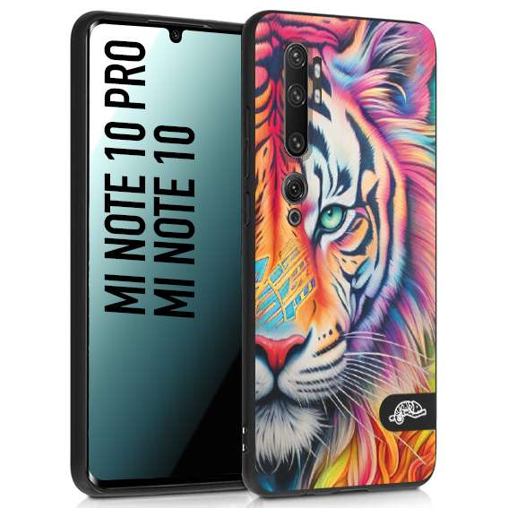 CUSTOMIZZA - Custodia cover nera morbida in tpu compatibile per Xiaomi Mi Note 10 - Mi Note 10 Pro animali color tigre tiger viso colori vibranti disegnato schizzo