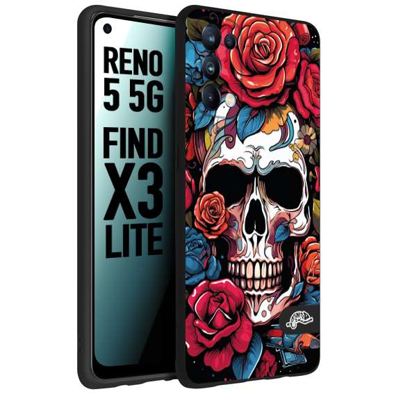 CUSTOMIZZA - Custodia cover nera morbida in tpu compatibile per Oppo Reno 5 5G teschio skull flowers fiori rose rosse tattoo disegnato