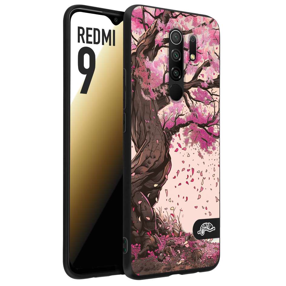 CUSTOMIZZA - Custodia cover nera morbida in tpu compatibile per Xiaomi Redmi 9 giapponese colori morbidi fiori di ciliegio rosa disegnata