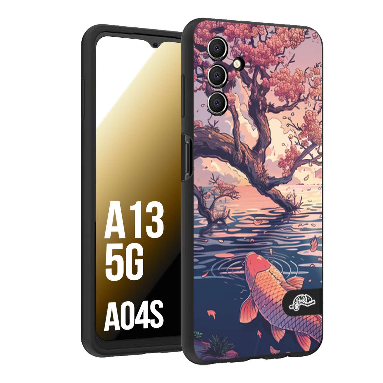 CUSTOMIZZA - Custodia cover nera morbida in tpu compatibile per Samsung A04S - A13 5G giapponese lago carpa koi rosa con foglie d'acero disegnata tattoo