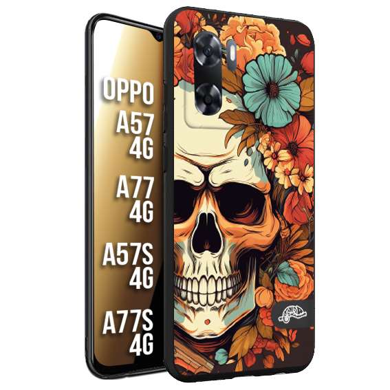 CUSTOMIZZA - Custodia cover nera morbida in tpu compatibile per Oppo A57 - A77 - A57S - A77S (4G) teschio skull flowers fiori autunnali arancio celeste tattoo