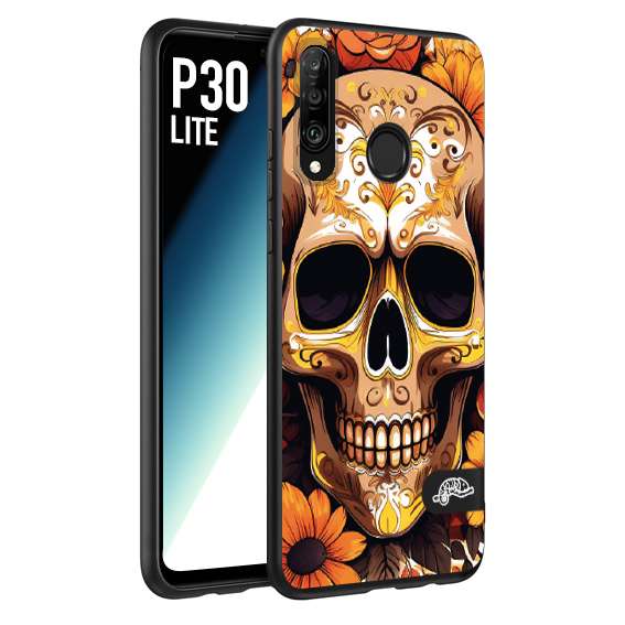 CUSTOMIZZA - Custodia cover nera morbida in tpu compatibile per Huawei P30 LITE teschio messicano colorato dorato fiori tattoo disegnato