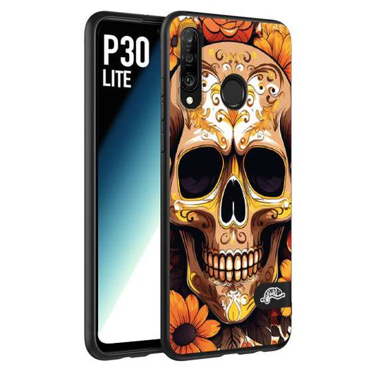 CUSTOMIZZA - Custodia cover nera morbida in tpu compatibile per Huawei P30 LITE teschio messicano colorato dorato fiori tattoo disegnato