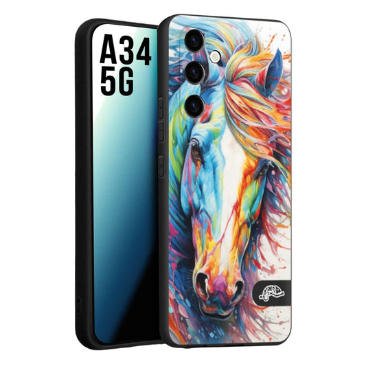 CUSTOMIZZA - Custodia cover nera morbida in tpu compatibile per Samsung A34 5G animali color cavallo horse viso colori vibranti disegnato schizzo