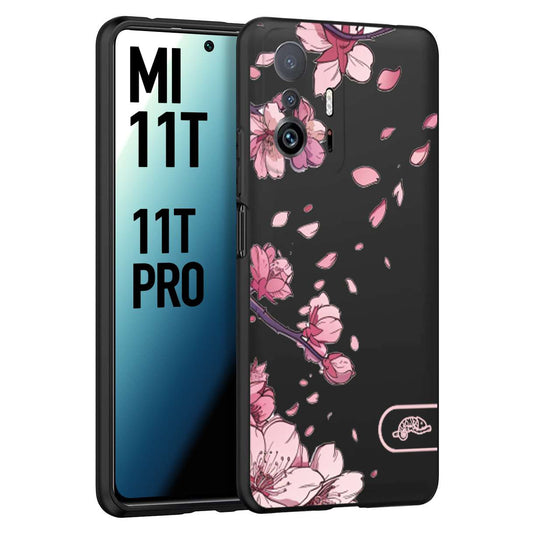 CUSTOMIZZA - Custodia cover nera morbida in tpu compatibile per Xiaomi Mi 11T - Mi 11T PRO giapponese fiori di ciliegio in fiore a rilievo disegnata tattoo