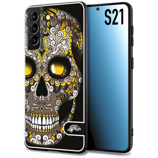 CUSTOMIZZA - Custodia cover nera morbida in tpu compatibile per Samsung S21 teschio messicano Mexican skull nero giallo