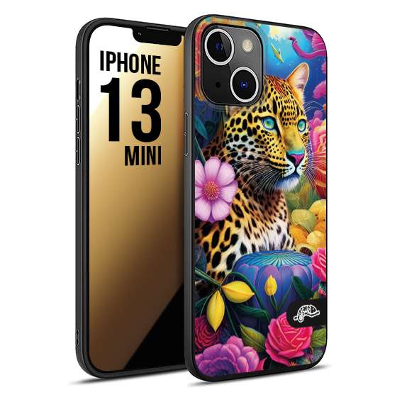 CUSTOMIZZA - Custodia cover nera morbida in tpu compatibile per iPhone 13 MINI fiori astratti donna flower fantasia leopardo ghepardo animali colorati