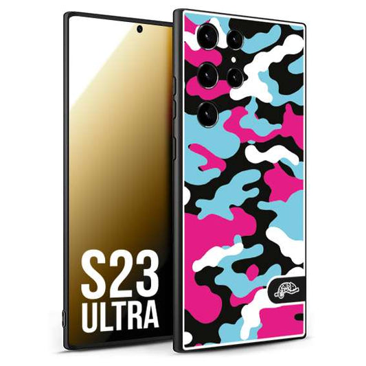 CUSTOMIZZA - Custodia cover nera morbida in tpu compatibile per Samsung S23 ULTRA camouflage mimetico militare fucsia celeste