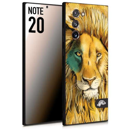 CUSTOMIZZA - Custodia cover nera morbida in tpu compatibile per Samsung NOTE 20 leone lion disegnato a mano giallo blu a rilievo artistico brown