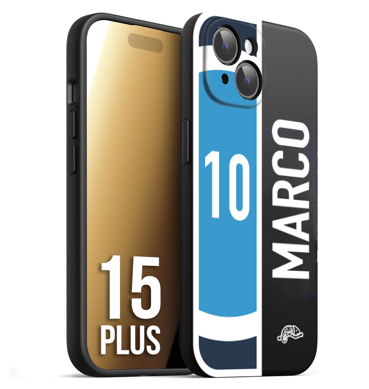 CUSTOMIZZA - Custodia cover nera morbida in tpu compatibile per iPhone 15 PLUS personalizzata calcio football nome e numero calciatori biancoazzurri bianco celesti