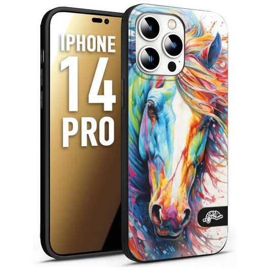 CUSTOMIZZA - Custodia cover nera morbida in tpu compatibile per iPhone 14 PRO animali color cavallo horse viso colori vibranti disegnato schizzo