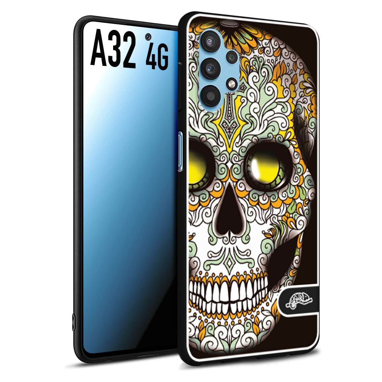 CUSTOMIZZA - Custodia cover nera morbida in tpu compatibile per Samsung A32 4G teschio messicano Mexican skull bianco verde giallo