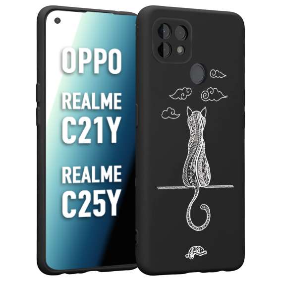 CUSTOMIZZA - Custodia cover nera morbida in tpu compatibile per Oppo Realme C21Y - C25Y gatto mandala stilizzato gattino a rilievo soft touch donna bianca