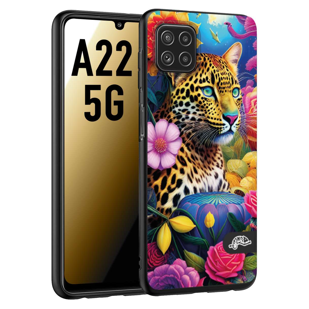 CUSTOMIZZA - Custodia cover nera morbida in tpu compatibile per Samsung A22 5G fiori astratti donna flower fantasia leopardo ghepardo animali colorati