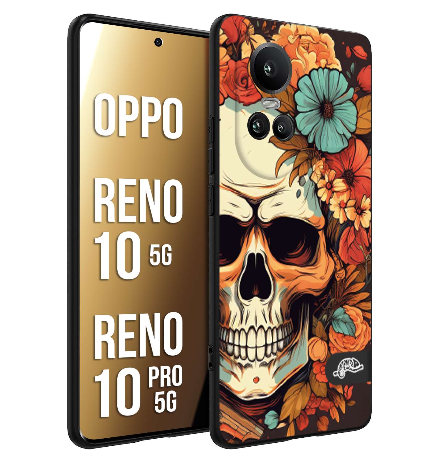 CUSTOMIZZA - Custodia cover nera morbida in tpu compatibile per Oppo Reno 10 5G - 10 PRO 5G teschio skull flowers fiori autunnali arancio celeste tattoo