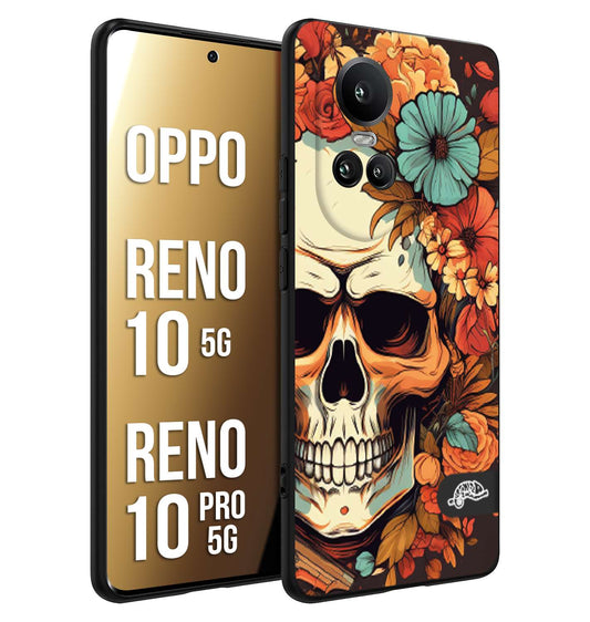 CUSTOMIZZA - Custodia cover nera morbida in tpu compatibile per Oppo Reno 10 5G - 10 PRO 5G teschio skull flowers fiori autunnali arancio celeste tattoo