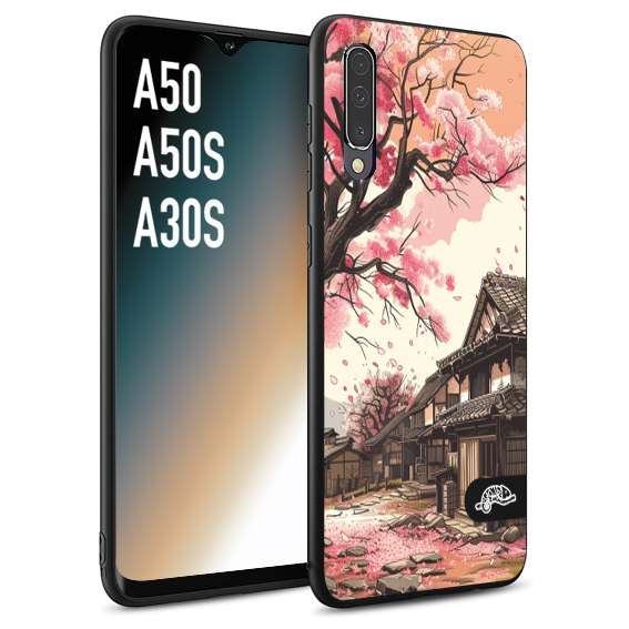 CUSTOMIZZA - Custodia cover nera morbida in tpu compatibile per Samsung A50 - A50S - A30S casa giapponese rosa ciliegio in fiore disegnata tattoo