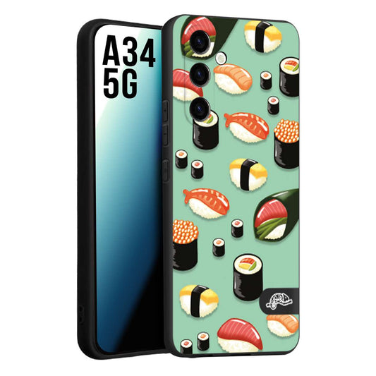 CUSTOMIZZA - Custodia cover nera morbida in tpu compatibile per Samsung A34 5G sushi disegni giapponese nighiri acquamarina verde