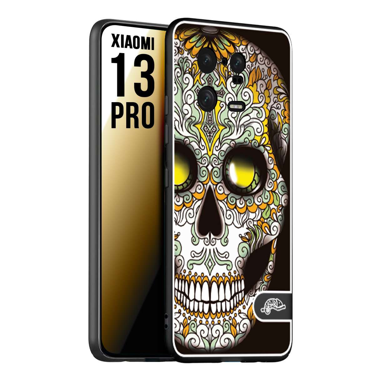 CUSTOMIZZA - Custodia cover nera morbida in tpu compatibile per Xiaomi 13 PRO teschio messicano Mexican skull bianco verde giallo