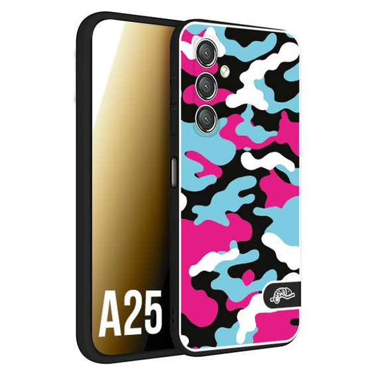 CUSTOMIZZA - Custodia cover nera morbida in tpu compatibile per Samsung A25 camouflage mimetico militare fucsia celeste