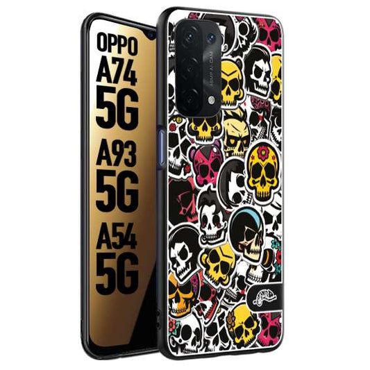 CUSTOMIZZA - Custodia cover nera morbida in tpu compatibile per Oppo A74 5G - A93 5G - A54 5G sticker bomb teschi colorati adesivi skulls skater snowboard