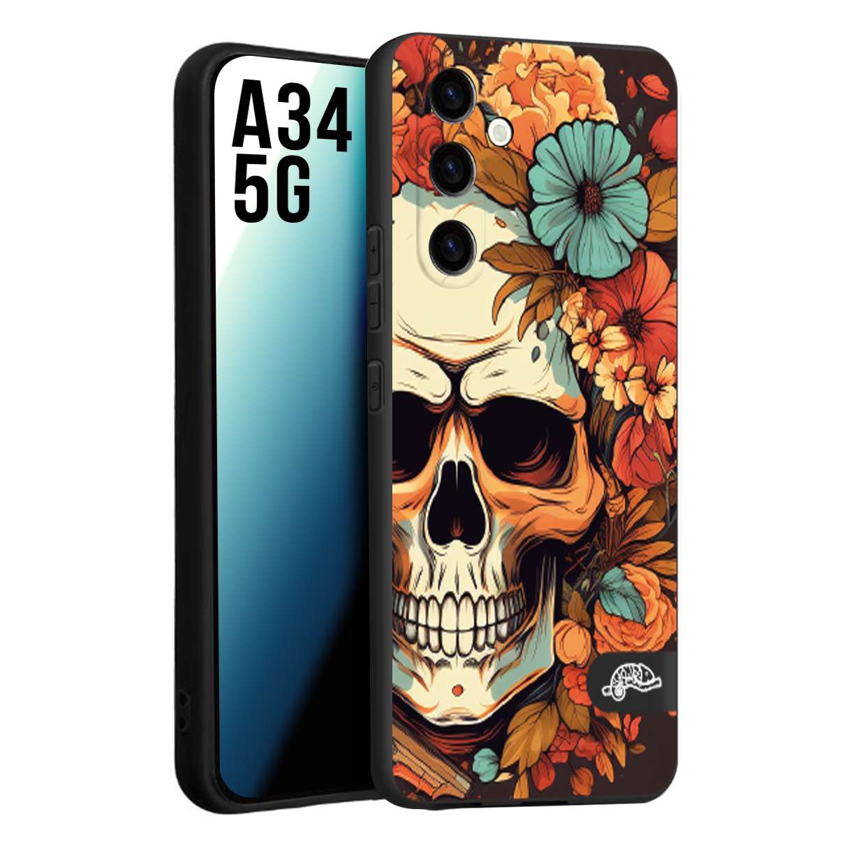 CUSTOMIZZA - Custodia cover nera morbida in tpu compatibile per Samsung A34 5G teschio skull flowers fiori autunnali arancio celeste tattoo