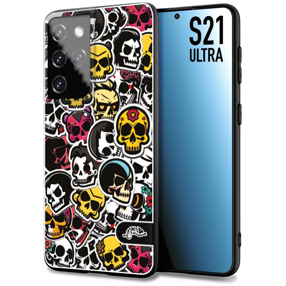 CUSTOMIZZA - Custodia cover nera morbida in tpu compatibile per Samsung S21 ULTRA sticker bomb teschi colorati adesivi skulls skater snowboard