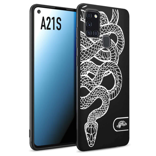 CUSTOMIZZA - Custodia cover nera morbida in tpu compatibile per Samsung A21S serpente snake bianco a rilievo disegnato tattoo tatuaggio