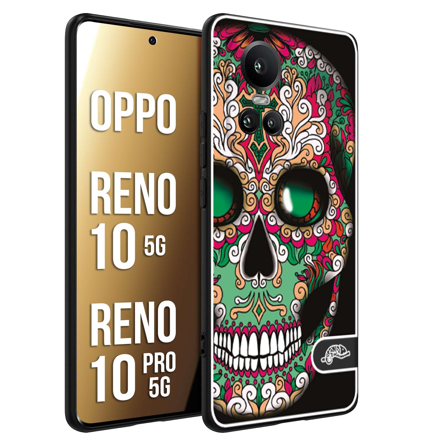 CUSTOMIZZA - Custodia cover nera morbida in tpu compatibile per Oppo Reno 10 5G - 10 PRO 5G teschio messicano Mexican skull verde fucsia