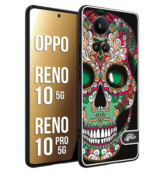 CUSTOMIZZA - Custodia cover nera morbida in tpu compatibile per Oppo Reno 10 5G - 10 PRO 5G teschio messicano Mexican skull verde fucsia