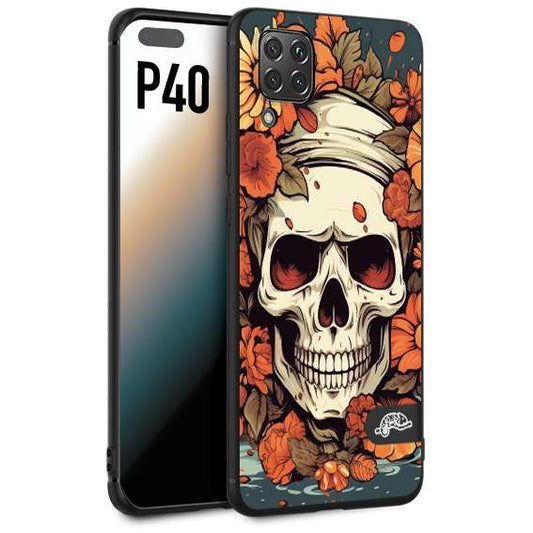 CUSTOMIZZA - Custodia cover nera morbida in tpu compatibile per Huawei P40 teschio skull flowers fiori tattoo disegnato alta definizione