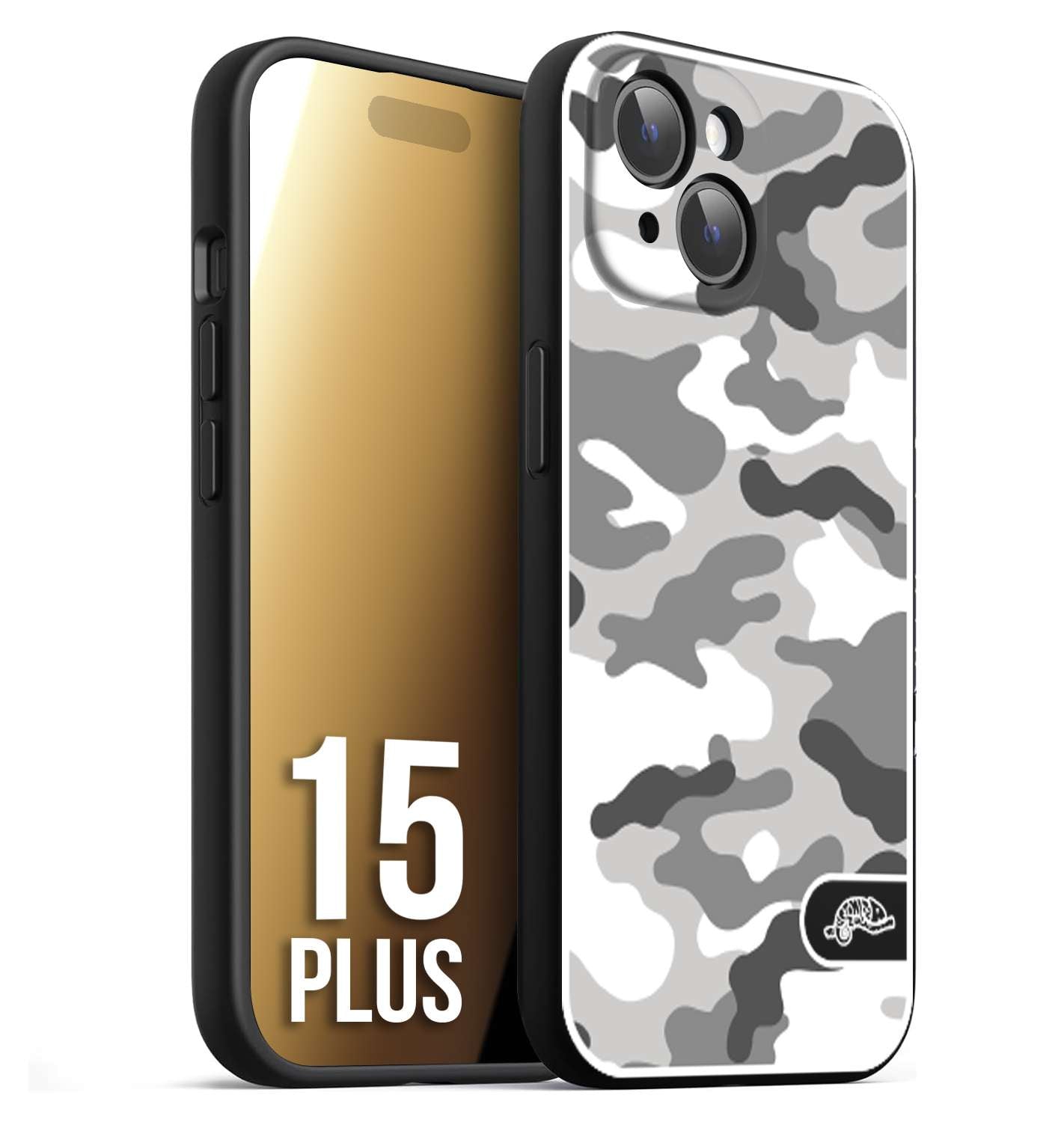 CUSTOMIZZA - Custodia cover nera morbida in tpu compatibile per iPhone 15 PLUS camouflage mimetico militare bianco white