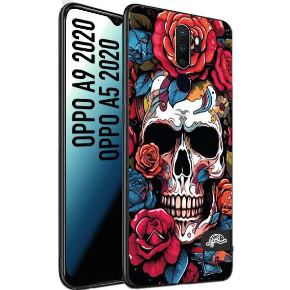 CUSTOMIZZA - Custodia cover nera morbida in tpu compatibile per Oppo A9 2020 - A5 2020 teschio skull flowers fiori rose rosse tattoo disegnato