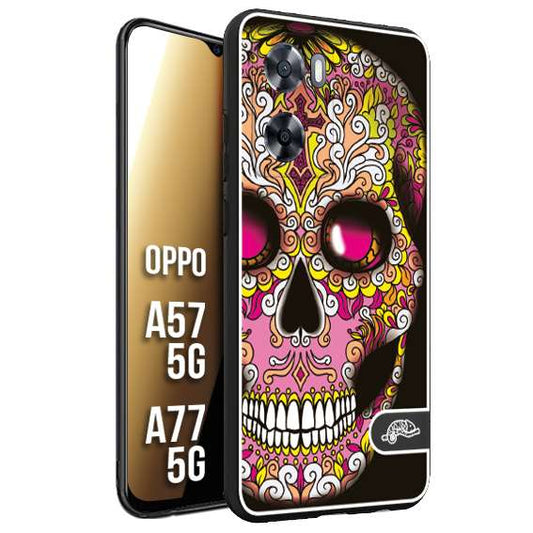 CUSTOMIZZA - Custodia cover nera morbida in tpu compatibile per Oppo A57 5G - A77 5G teschio messicano Mexican skull rosa gialla