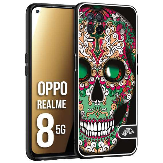 CUSTOMIZZA - Custodia cover nera morbida in tpu compatibile per Oppo Realme 8 5G teschio messicano Mexican skull verde fucsia