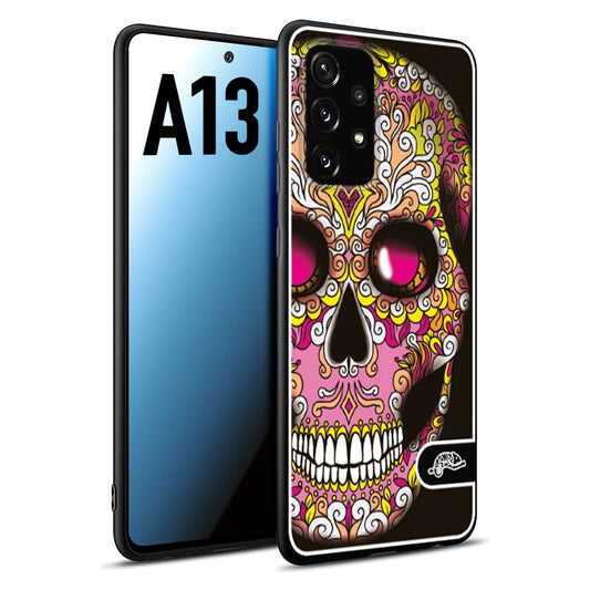 CUSTOMIZZA - Custodia cover nera morbida in tpu compatibile per Samsung A13 teschio messicano Mexican skull rosa gialla