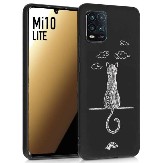 CUSTOMIZZA - Custodia cover nera morbida in tpu compatibile per Xiaomi Mi 10 LITE gatto mandala stilizzato gattino a rilievo soft touch donna bianca